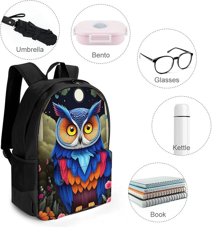 Supdreamc Lightweight Rucksack for Sports Travel Running, Big Capacity Multipurpose Anti-Theft Bookbag, Trippy Owl Red Floral Moon Art Travel and Sport Backpack Rucksack