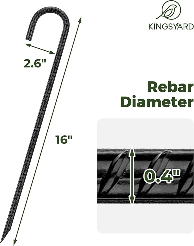 Kingsyard 16 Pack 16 Inch Galvanized Steel Metal J Hook Rebar Stakes, 0.4 inch Diameter Ground Anchors Heavy Duty Tent Stakes, Trampolines Stakes, Chain Link Fence Stakes, Black