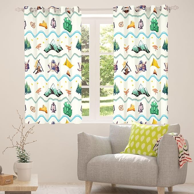 Happy Camping Adventure Kids Blackout Curtains,Tent Bonfire Campfire Camper RV Nursery Bedroom Playroom Decor,Star Pine Tree Mountain Natural Window Drapes,Beige 2 Panels,52Wx63L inch