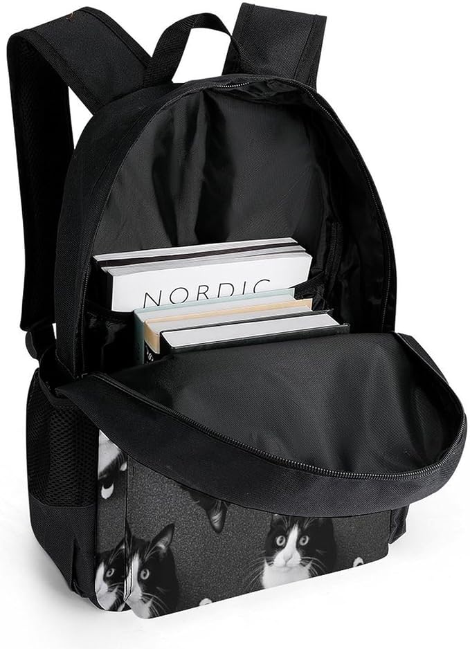Daypack Backpack Anti-Theft Multipurpose Large Capacity Carry On Bag, Black White Cat Traveling Camping Backpack With Side Pockets