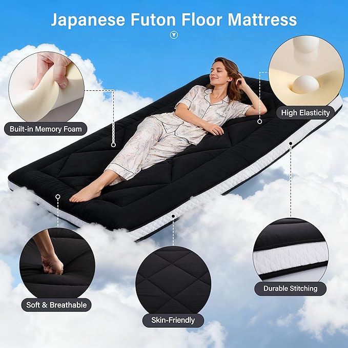 Welnow Japanese Futon Floor Mattress, Thick Full Size Tatami Mat Portable & Foldable Roll Up Floor Bed Mattress with Storage Bag, Sleeping Pad for Adults, Dorm, Guest Bed, Camping and Travel, Black