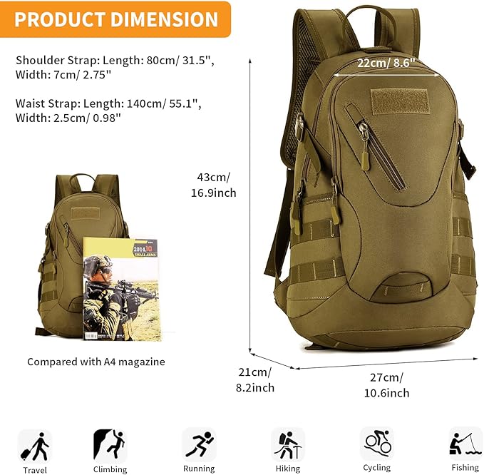 HUNTVP Military MOLLE Backpack Rucksack Gear Tactical Assbault Packbag 20L for Hunting Camping Trekking Travel | Rucksack, Gear, Assbault, Packbag, Hunting, Camping