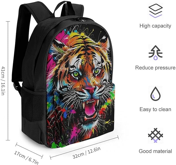Men Women Polyester Multicolor Wild Tiger Roaring 3D Art Daypack Backpack Large Capacity Carry On Bag With Smooth Zippers for Hiking Picnic Walking Cycling