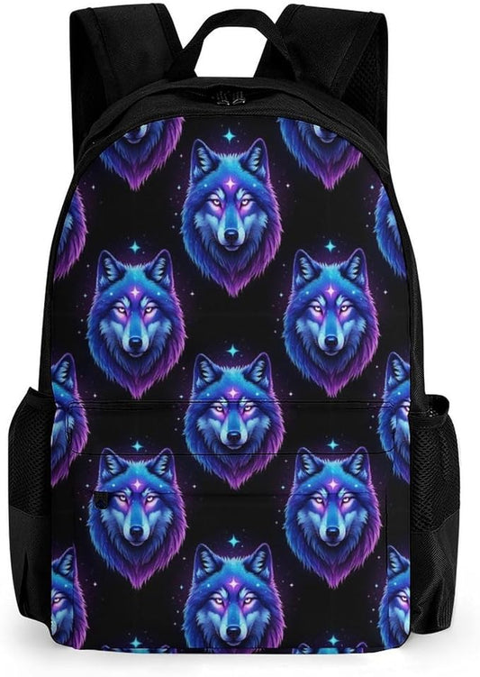 Versatile Polyester Backpack with Large Capacity for Business and Casual Activities, Wolf Galaxy Tavel Hiking Camping