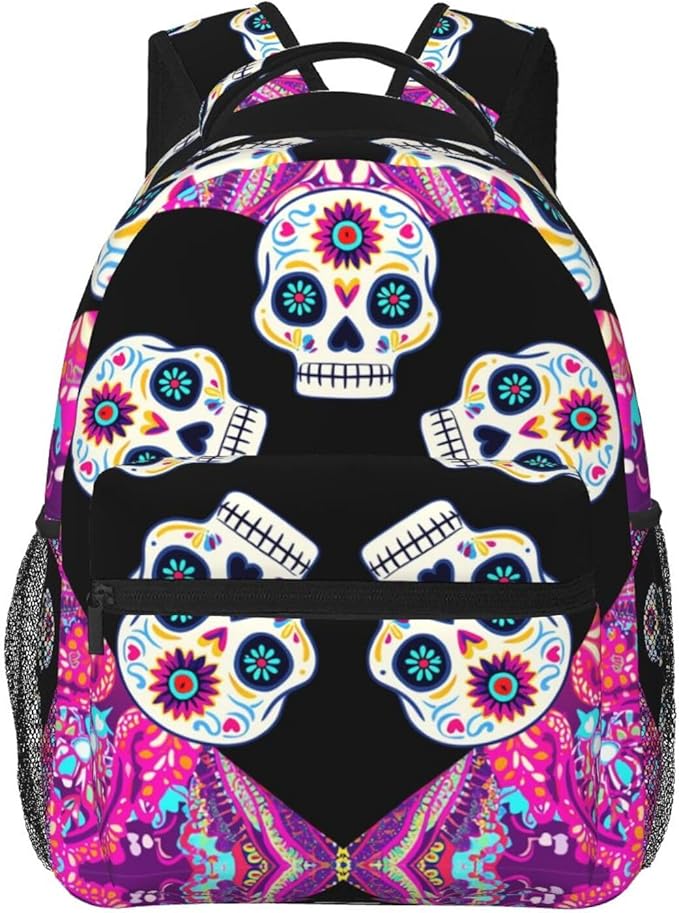 Men Women Lightweight Dead Sugar Skull Flowers Art Backpack Large Capacity Bookbag With Smooth Zippers for Gym Business Running