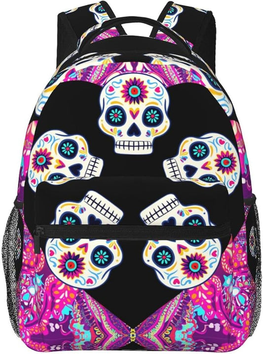 Men Women Lightweight Dead Sugar Skull Flowers Art Backpack Large Capacity Bookbag With Smooth Zippers for Gym Business Running