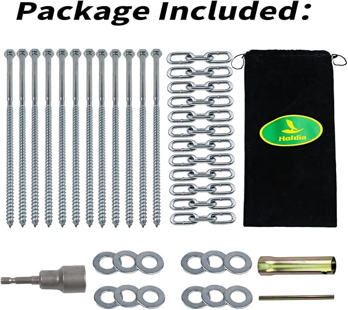12 Pcs Screws 3/8 x 12 Tent Stakes Festival Kit with Chain Links and Washers | Hex Pegs | Heavy Duty Metal Tent Anchors & Camping Spikes with 17MM Hex Drill Adapter