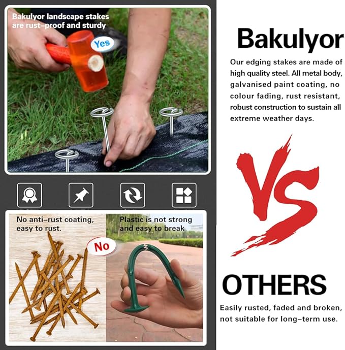 Bakulyor 100Pcs Circle Top Landscape Staples, 6 Inch Garden Stake 9 Gauge Galvanized Landscape Fabric Stakes, Heavy Duty Yard Ground Pins for Outdoor Gardening Weed Barrier Sod Fabric - Silver 6"