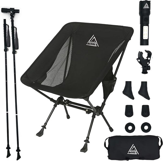 3-in-1 Camping Chair, Trekking Poles & Mounted Flashlight – All-in-One Backpacking Kit Small & Weighs Only 3 lbs – Lightweight Aluminum Hiking Poles - Chair & High Lumen LED Light