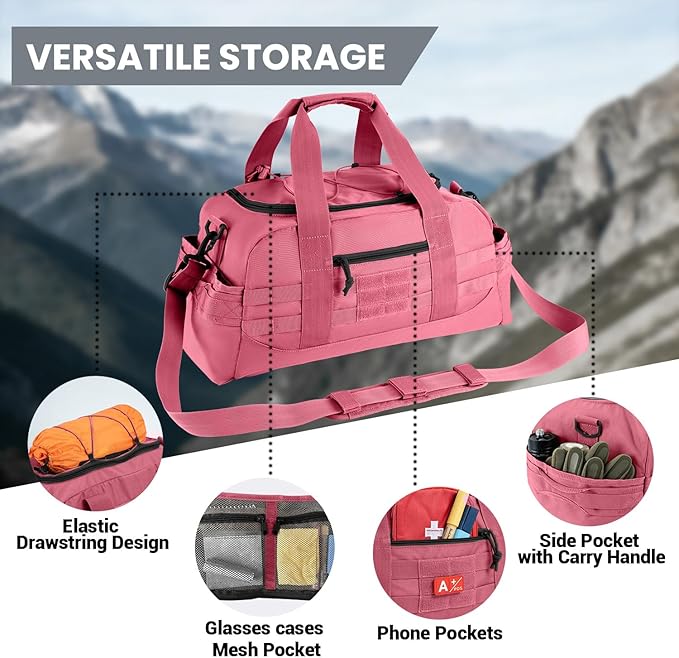35L Large Duffle Bag, 3-in-1 Tactical Backpack MOLLE Pack for Sports/Gym/Outdoor, Pink