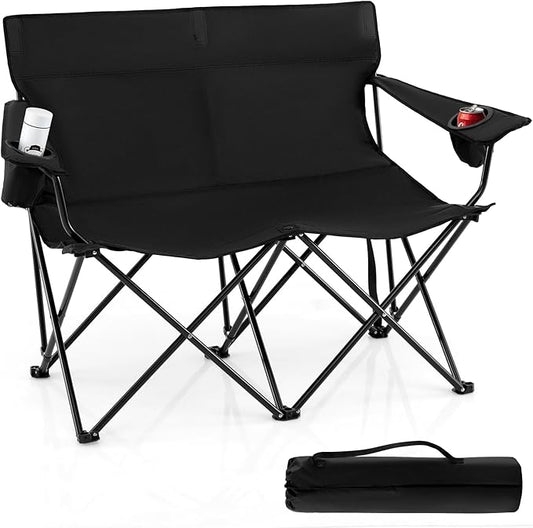 Goplus Double Camping Chair, Oversized Heavy Duty Camping Loveseat for Adults, Portable Folding 2 Person Camping Chair with Cup Holder for Outdoor Lawn Beach Backyard