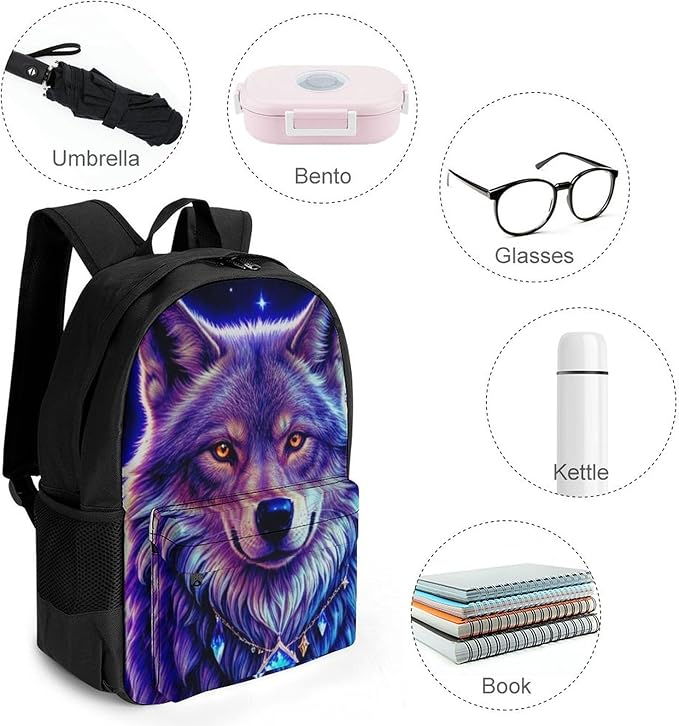 Men Women Lightweight Blue Universe Galaxy Magic Wolf In The Space Casual Daypack Large Capacity Bookbag With Adjustable Shoulder Straps for Gym Business Bicycle