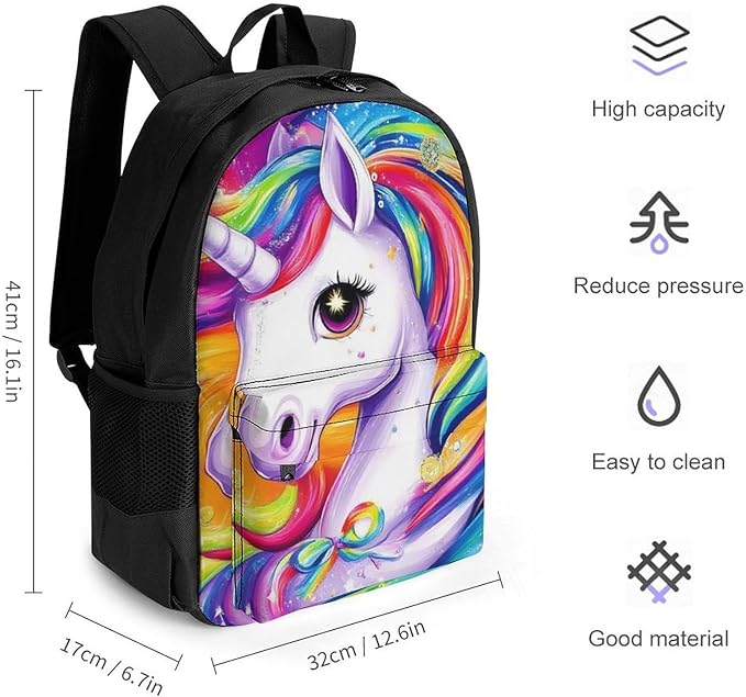 Supdreamc Adults Lightweight Colorful Rainbow Unicorns Rucksacks Large Capacity Bookbag With Adjustable Shoulder Straps for Trekking Outdoors Bicycle