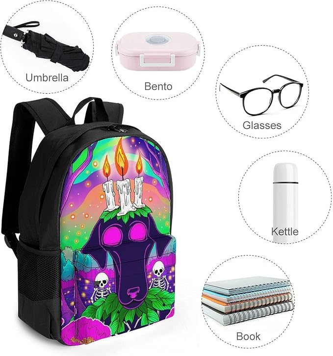 Supdreamc Men Women Lightweight Surrealist Dog Halloween Skeletons Flowers Fantasy Art Casual Daypack Large Capacity Bookbag With Adjustable Shoulder Straps for Gym Business Bicycle