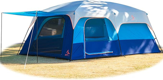 KTT Extra Large Tent 6-10-12-14 Person(B),Family Cabin Tents,2 Rooms,3 Doors and 3 Windows with Mesh,Straight Wall,Waterproof,Double Layer,Big Tent for Outdoor,Picnic,Camping,Family Gathering