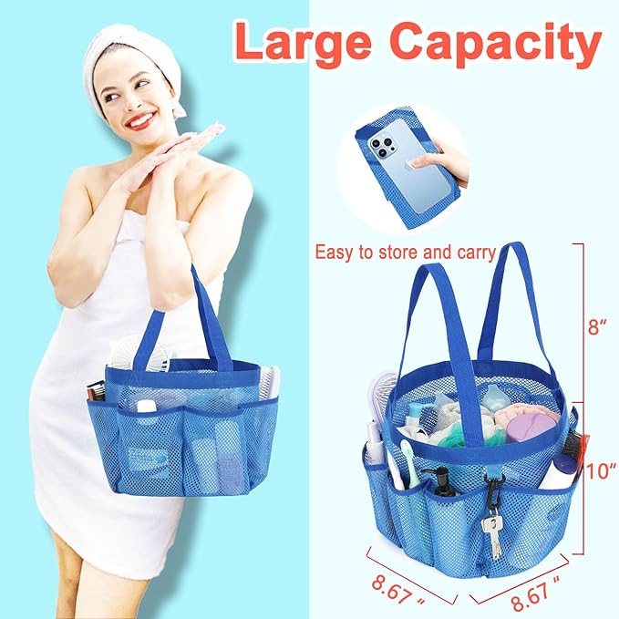 Mesh Shower Caddy Portable for College Dorm Room Essentials, 8-Pocket Large Shower Basket Tote Bag with 2 Handles for Toiletry, Bathroom, Beach, Camp, Gym