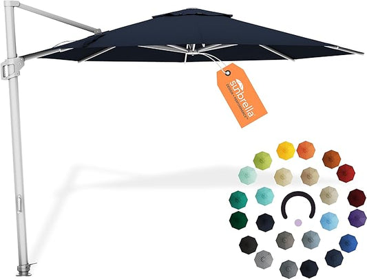Midtown Umbrellas 10 Ft Outdoor Cantilever Patio Umbrella w/Sunbrella Canvas Navy Fabric - 360° Rotate Offset Patio Umbrella, Deck Patio Umbrella, Backyard Umbrella & Garden Umbrella - Silver Frame
