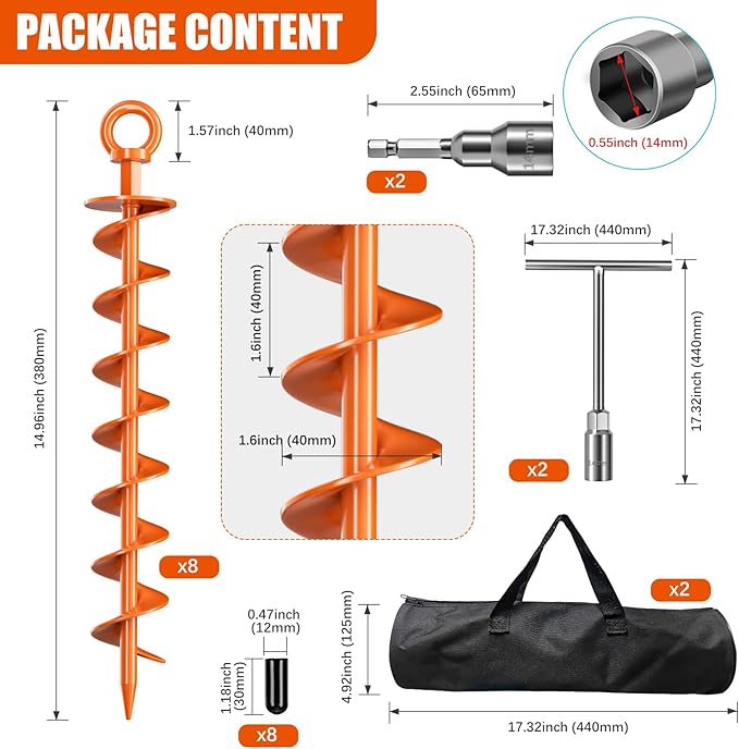 Ground Anchor Screw in, 8 Pack Spiral Trampoline Anchors with Nut and Tool Swing Set Anchors Tent Stakes High Wind Heavy Duty for Sheds, Carports, Mobile Home Orange