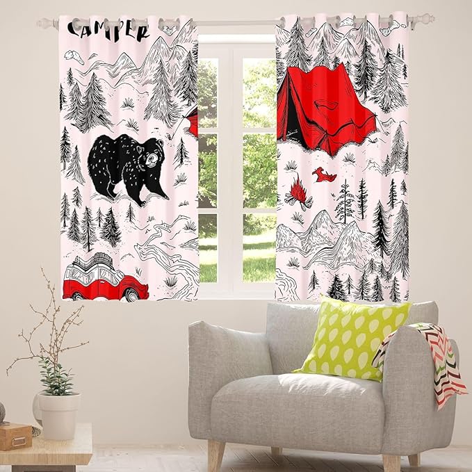 Feelyou Pink Camper Camping Curtains for Bedroom Living Room Rustic Farmhouse Animal Bear Blackout Shades Camping Theme Room Darkening Curtain Window Treatments, 2 Panels 52 x 96 Inch Decor