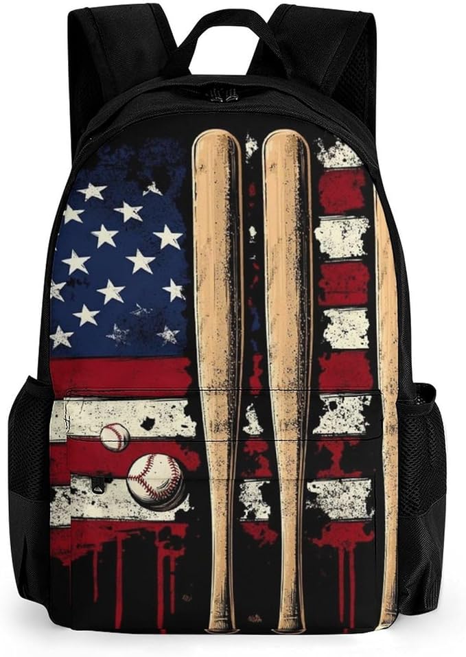 Supdreamc Men Women Polyester Patriotic Usa Retro American Flag Baseball Print Backpack Large Capacity Bookbag With Smooth Zippers for Climbing Picnic Bicycle
