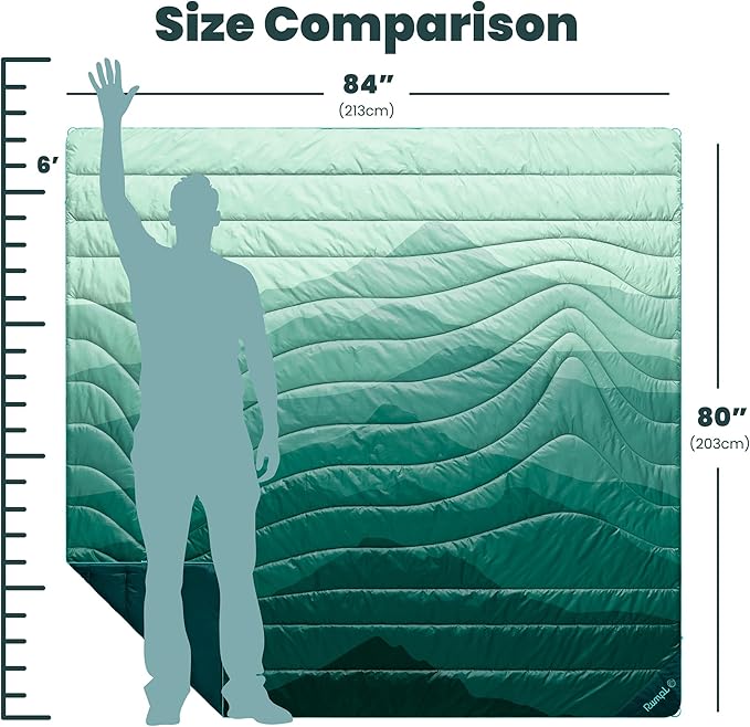 Rumpl Original Puffy Blanket - Warm Puffy Camping Blanket, 100% Recycled Polyester Insulation, Lightweight, Packable, Water-Resistant, Outdoor Puffer Blanket, 84"x80", Cascade Fade