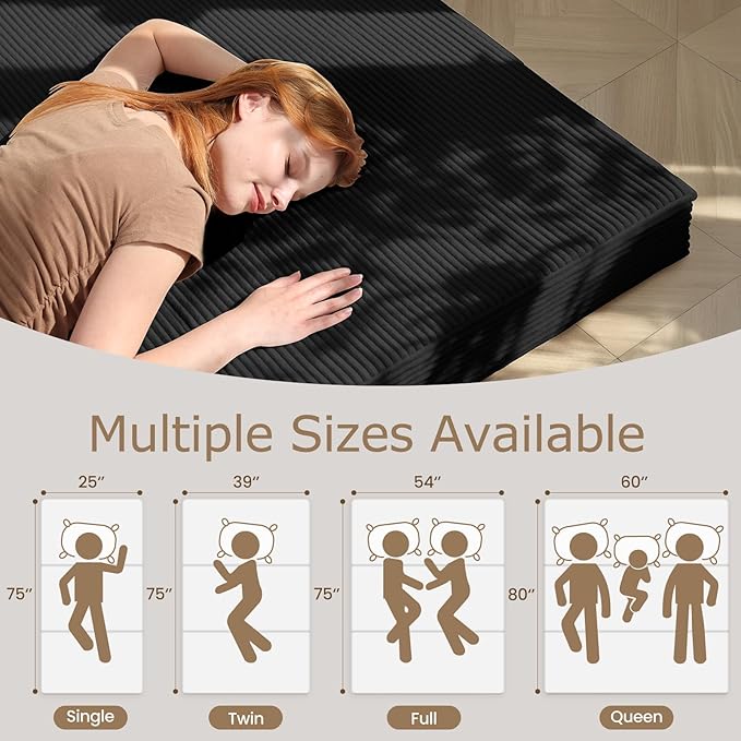 6-Inch Tri-Fold Mattress Full Size - Foldable Futon Sofa Bed with Removable Washable Cover, Folding Memory Foam Futon Mattress | Non-Slip Bottom & Carry Handles for Guest, Camping, Dorm