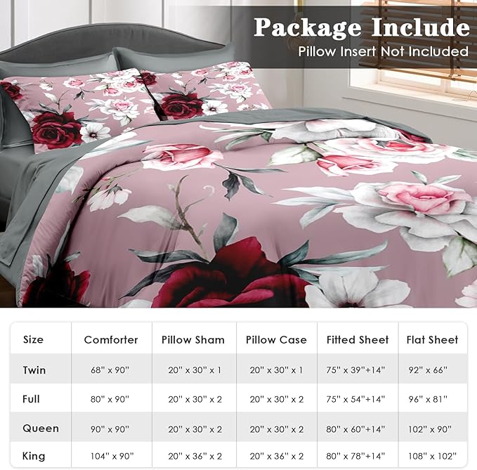 Comforter Set Queen Size, Rose Flower Leaves 7 Pcs Bedding for Kids and Adults, Painting Vintage Bed Sheet Sets with Fitted Sheet 2 Pillowcases & 2 Shams for Bedroom Bed Decor