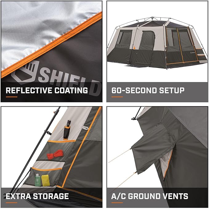 Bushnell Instant Tent | 6 Person / 9 Person / 12 Person Shield Series Instant Tents Cabin Design Perfect for 3 Season Family Camping, Hunting, and Fishing with Fast Setup | Instant Tents, Cabin Design, Family Camping, Hunting, Fishing, Fast Setup