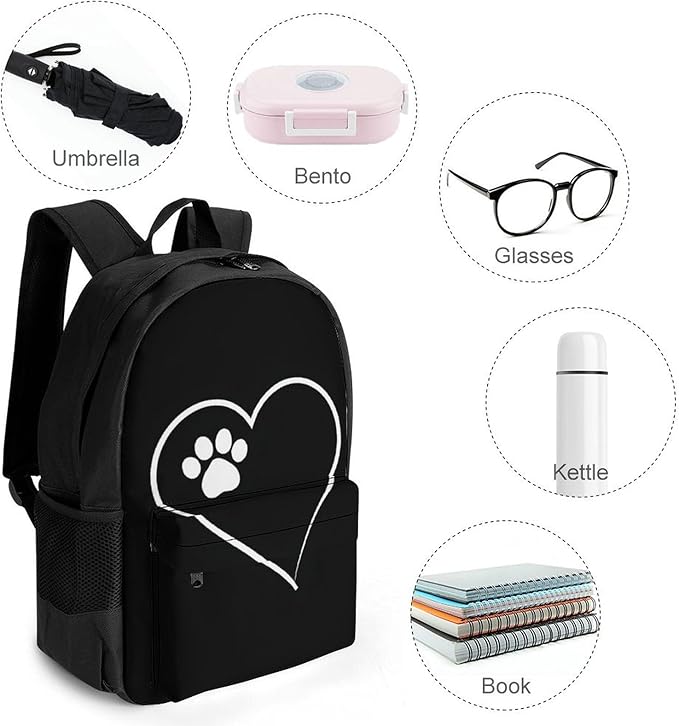 Supdreamc Polyester Daypack Bookbag for Gym Business Bicycle, Large Capacity Multipurpose Anti-Theft Carry On Bag, Cat Dog Paw Prints Heart Black Travel Hiking Daypack