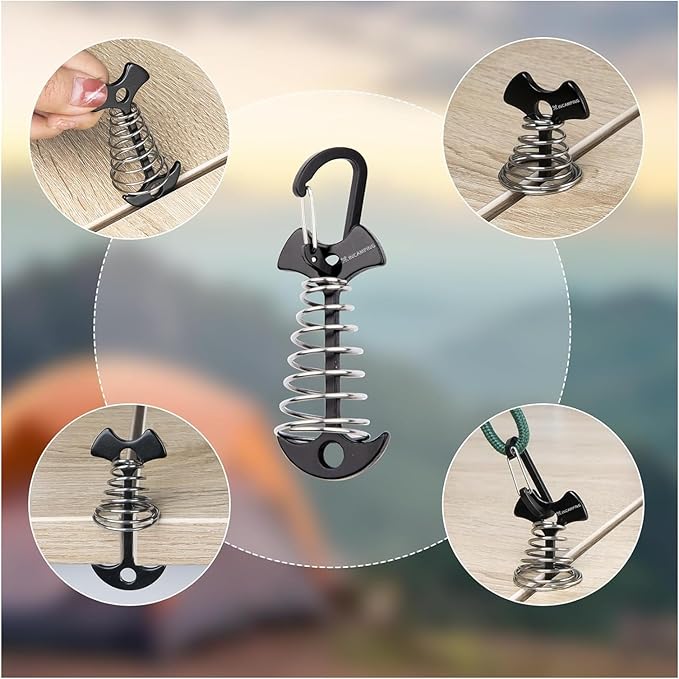 Deck Anchors with Carabiners XINCAMPING 12pcs Aluminum Deck Tie Down Anchor, Fishbone Stake Tent Stakes,Windproof Rope Tighteners & Adjusters for Tents, Canopies, Camping Furniture Black