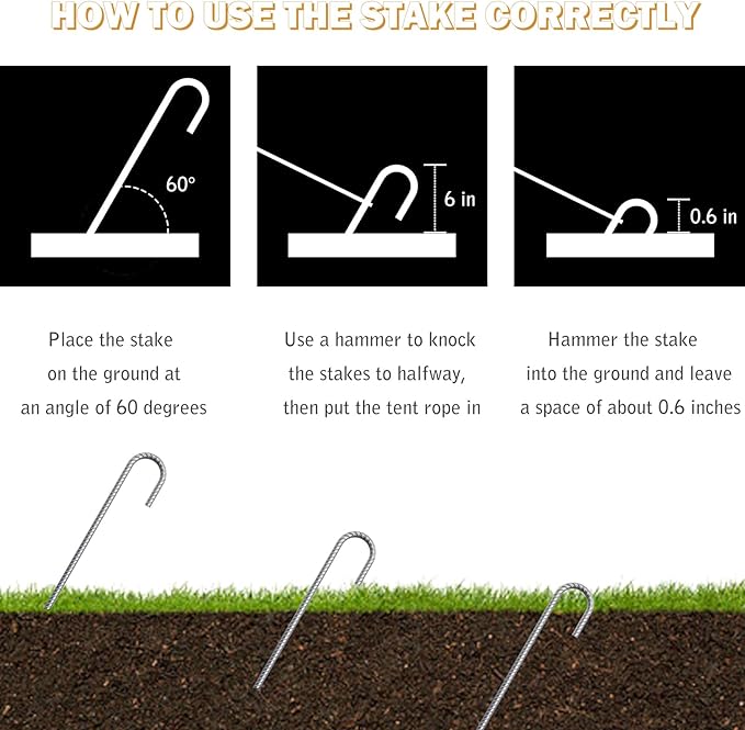 ASDFGHT J Hook Rebar Stakes 12 & 16 Inch (Black or Silver), Heavy Duty Professional Quality Ground Anchors for Chainlink Fence, Sports nets, Camping, Trampolines, Irrigation Pipes and Garden