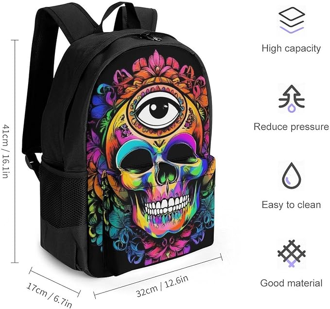 Men Women Lightweight Skull Head Lotus Art Backpack Large Capacity Bookbag With Smooth Zippers for Gym Business Running