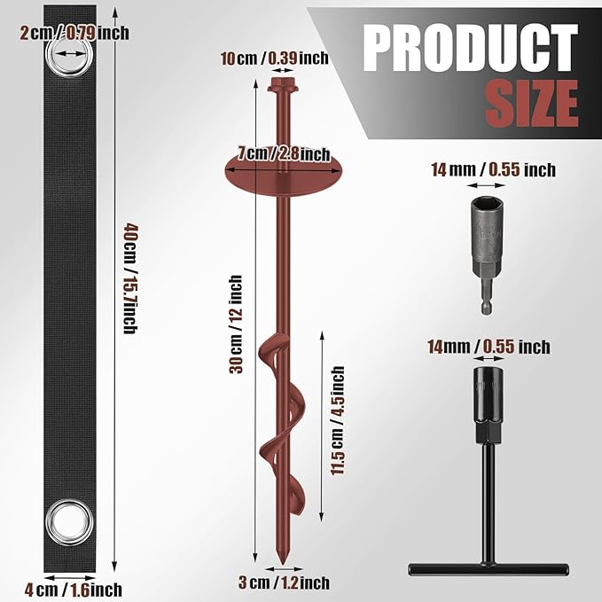 LEIFIDE 6 Set 12'' Brown Trampoline Stakes Ground Anchors Screw in Heavy Duty Trampoline Parts Spiral Stakes Earth Auger for Tents Canopies Swing Set Shed with Belt Straps