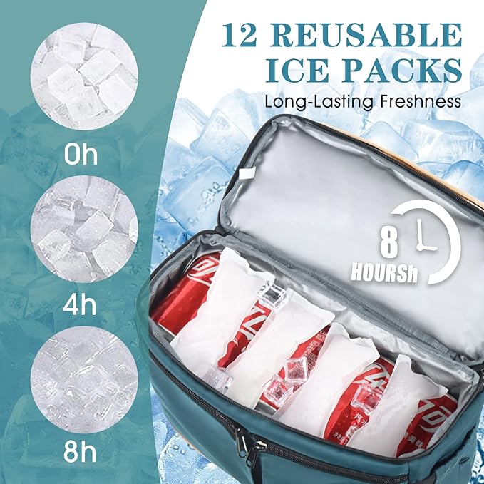 Backpack Cooler with Double Decker & 12 Ice Packs- Keeps 36 Cans Cold for Up to 8 Hours- Waterproof & Leak Proof Insulated Cooler Backpack- Stylish Cooler Bookbag for Women Travel Work Beach