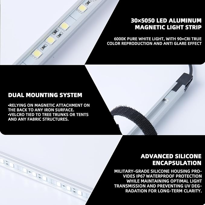 12V LED Interior Light Bar Kit, 4 Bars White Adjustable Brightness RV Camping Lights - Waterproof IP67, Magnetic & Velcro Mount, Portable Lighting for Tent, Car, Trailer, Boat, Truck, Off-Road, Cabin