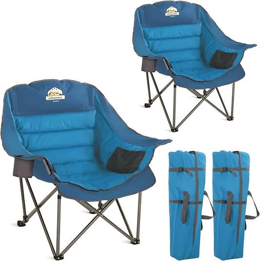 Oversized XL Padded Camping Chair Set of 2 Wide Heavy Duty Lawn Chairs Support 450 LBS Portable Folding Gaint Plus Camp Chair for Outdoor Outside Sports Baseball Soccer-Blue