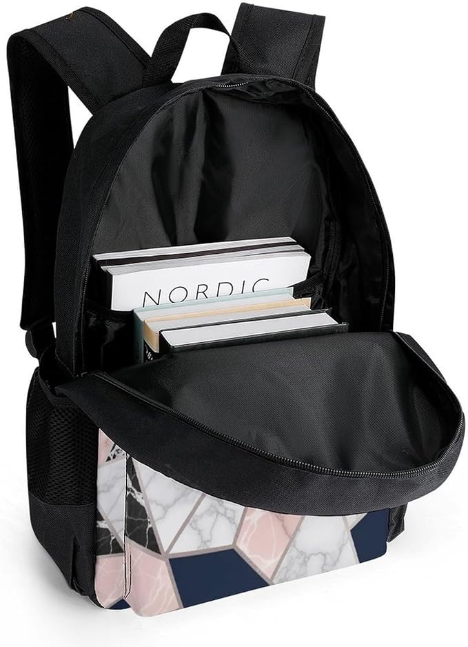 Men Women Lightweight 80S Pink Rose Gold White Blue Geometric Marble Pattern Backpack Large Capacity Bookbag With Smooth Zippers for Gym Business Running