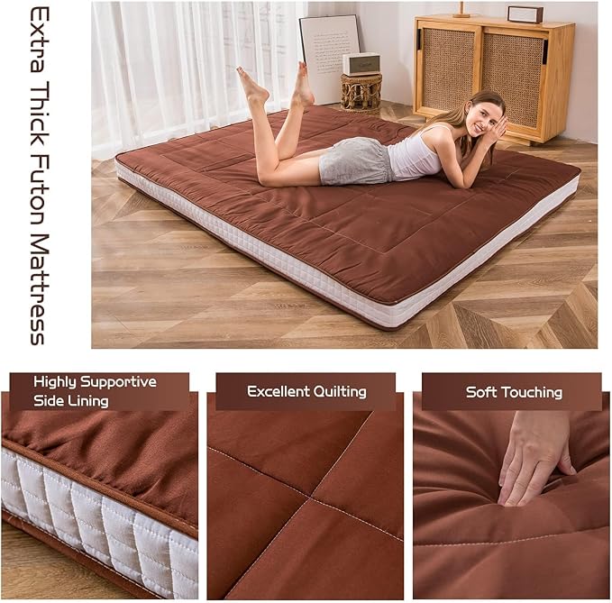 MAXYOYO Cot Mattress Floor Futon Mattress, Narrow Twin Pad Single Bed for Adults, Foldable Roll Up Mat, Coffee Camping Cot