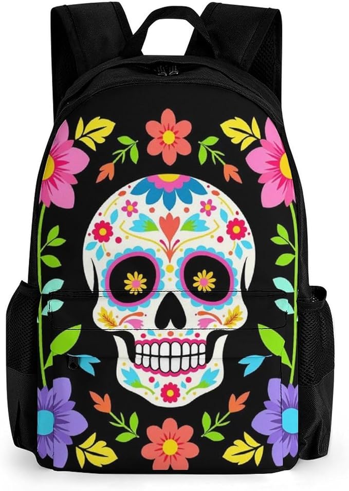 Men Women Lightweight Mexican Day Of Dead Flower Traditional Sugar Skull Casual Daypack Large Capacity Bookbag With Adjustable Shoulder Straps for Gym Business Bicycle