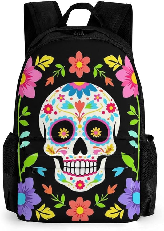 Men Women Lightweight Mexican Day Of Dead Flower Traditional Sugar Skull Casual Daypack Large Capacity Bookbag With Adjustable Shoulder Straps for Gym Business Bicycle