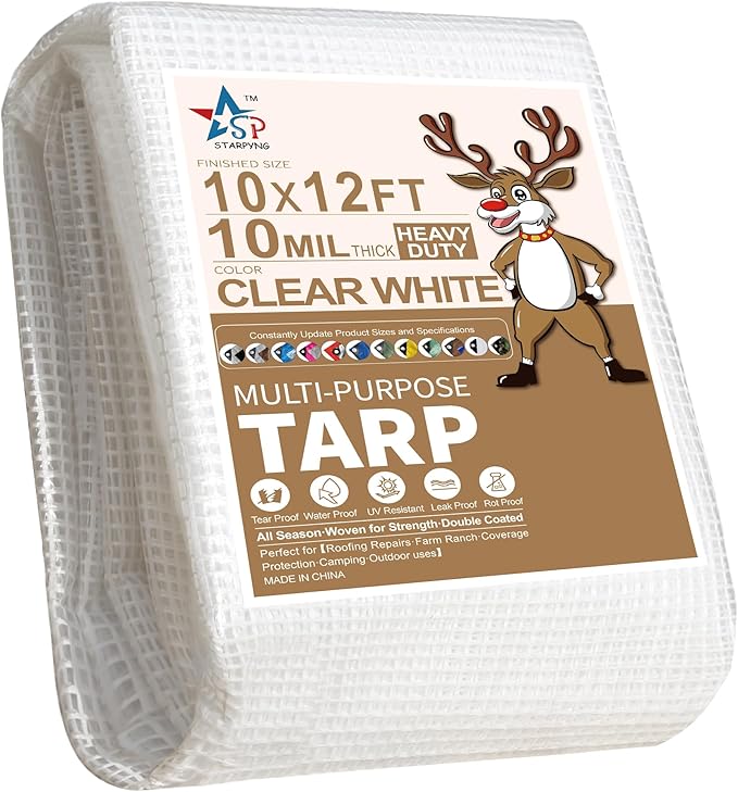 STARPYNG-10 Mil Clear/White 10X12 Feet Tarp-Heavy Duty Clear Mesh Tarp-Waterproof Tarp, UV Resistance,Greenhouse, Canopy, Tent, Yard and Outdoor Activities