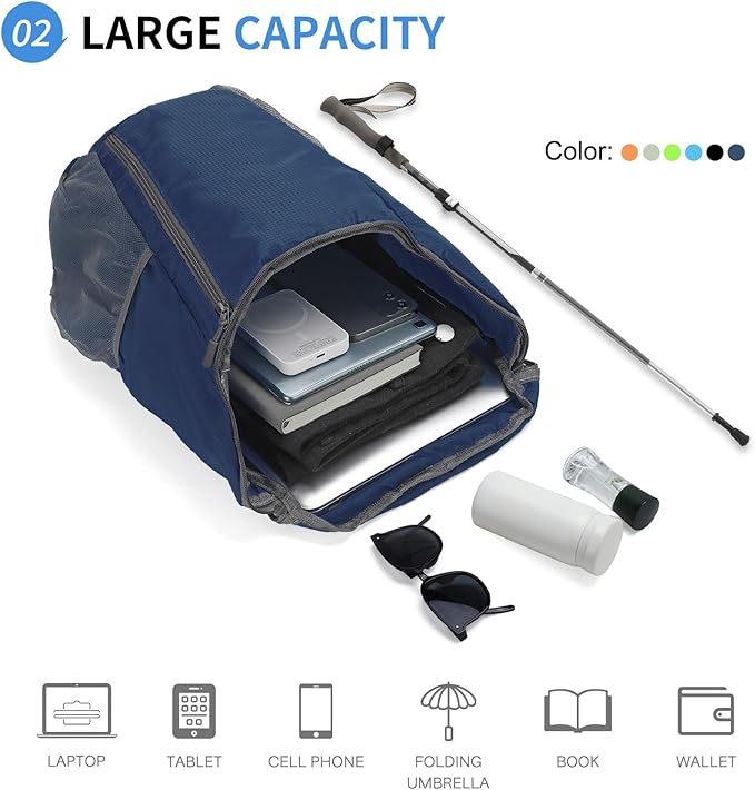 Hiking Backpack, 20L Packable Daypack for Men Women, Nylon with Adjustable Straps, Lightweight Waterproof Outdoor Camping Travel, Blue