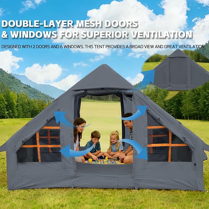 Inflatable Tents with Hand Pump Hot Tent with Stove Jack Easy Blow Up Glamping Tent with Mesh Windows, 4-6 Person Instant Family Camping Tents Waterproof for 4 Seasons