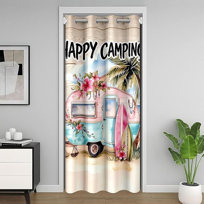 Happy Camping Door Curtain For Doorway Privacy For Girls - Vintage Camper Trailer Blackout Curtain Hibiscus Floral Palm Tree Door Drape Tropical Beach Retro Camping Window Treatment 34"W x 80"L