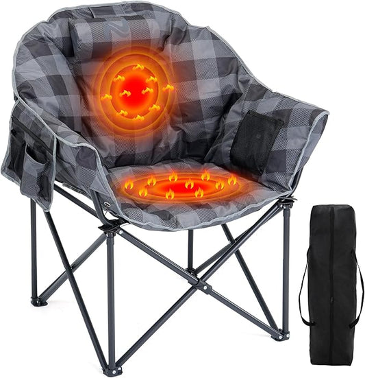 Oversized Heated Camping Chair, 3 Heating Levels Portable Folding Camp Chairs with Pillow and Storage Bag, Outdoor Heated Moon Chair for Camping Lawn Patio Beach and Picnics, Gray Grid