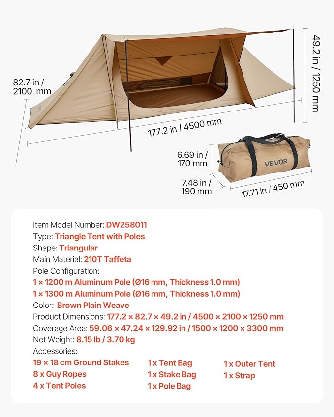 VEVOR Hot Tent, Camping Tipi Hot Tents with Stove Jack, Portable Winter Camping Tents with Snow Skirt, Easy Setup, Waterproof 4 Season Shelter Tents for Fishing Backpacking