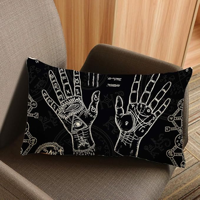 Throw Pillow Cover Hands Pentagram Mystic Symbols Black Life Lines Palms Decorative Pillow Case Home Decor 20x12 Inches Pillowcase
