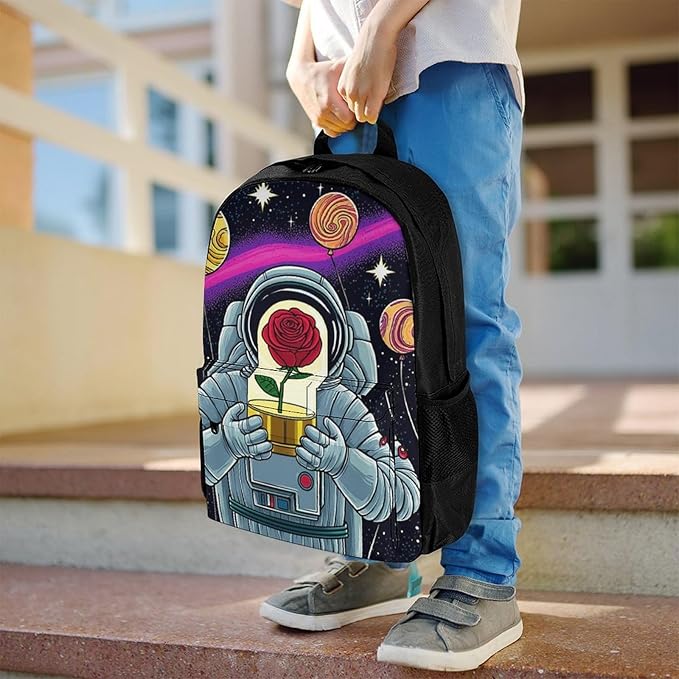 Supdreamc Rucksacks Lightweight Multipurpose Anti-Theft Astronaut Starry Sky Roses Colorful Planet Art Shoulder Bag Big Capacity Traveling Camping Backpack With Side Pockets
