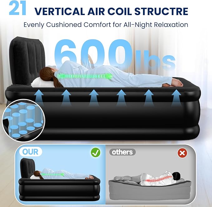 Twin Air Mattress with Headboard, Built-in Pump, Supports 500 lbs, Quiet Noiseless Design, 48-Hour Leak-Tested, 2.5 Min Fast & Easy Inflation/Deflation, Portable Blow Up Bed for Home, Guests & Camping