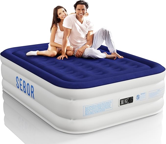 Sebor Air Mattress Full with Built-in Pump 18", Comfortable Self-Inflating Air Mattress with High-Speed Pump, Durable Blow Up Mattress Full with Storage Bag for Guests, Camping, Travel